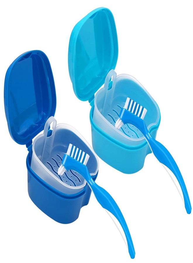 Geodurn Denture Cleaner Box and Brush Set - 2 Pack Denture Bath Case with Basket + 2 Pack Denture Brushes, Portable Denture Retainer Storage Box, False Teeth Brushes for Oral Care - Image 1